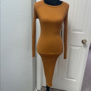 Elegant Ribbed Knit Dress in Tan